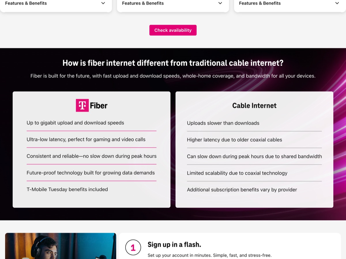 T-Mobile Built different Built better fiber page screenshot