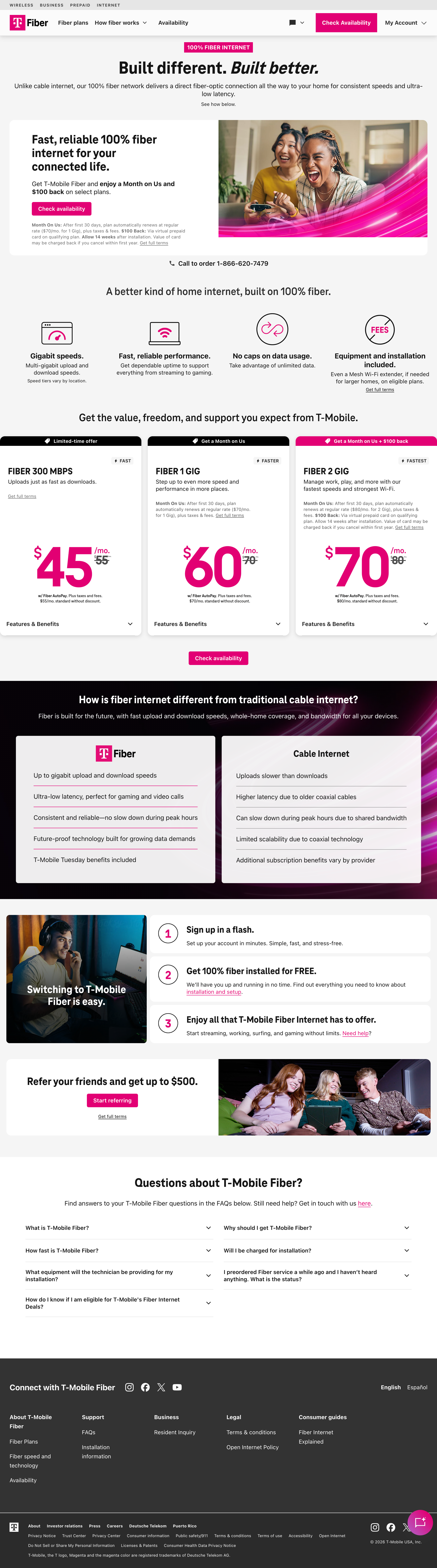 T-Mobile Built different Built better fiber page screenshot
